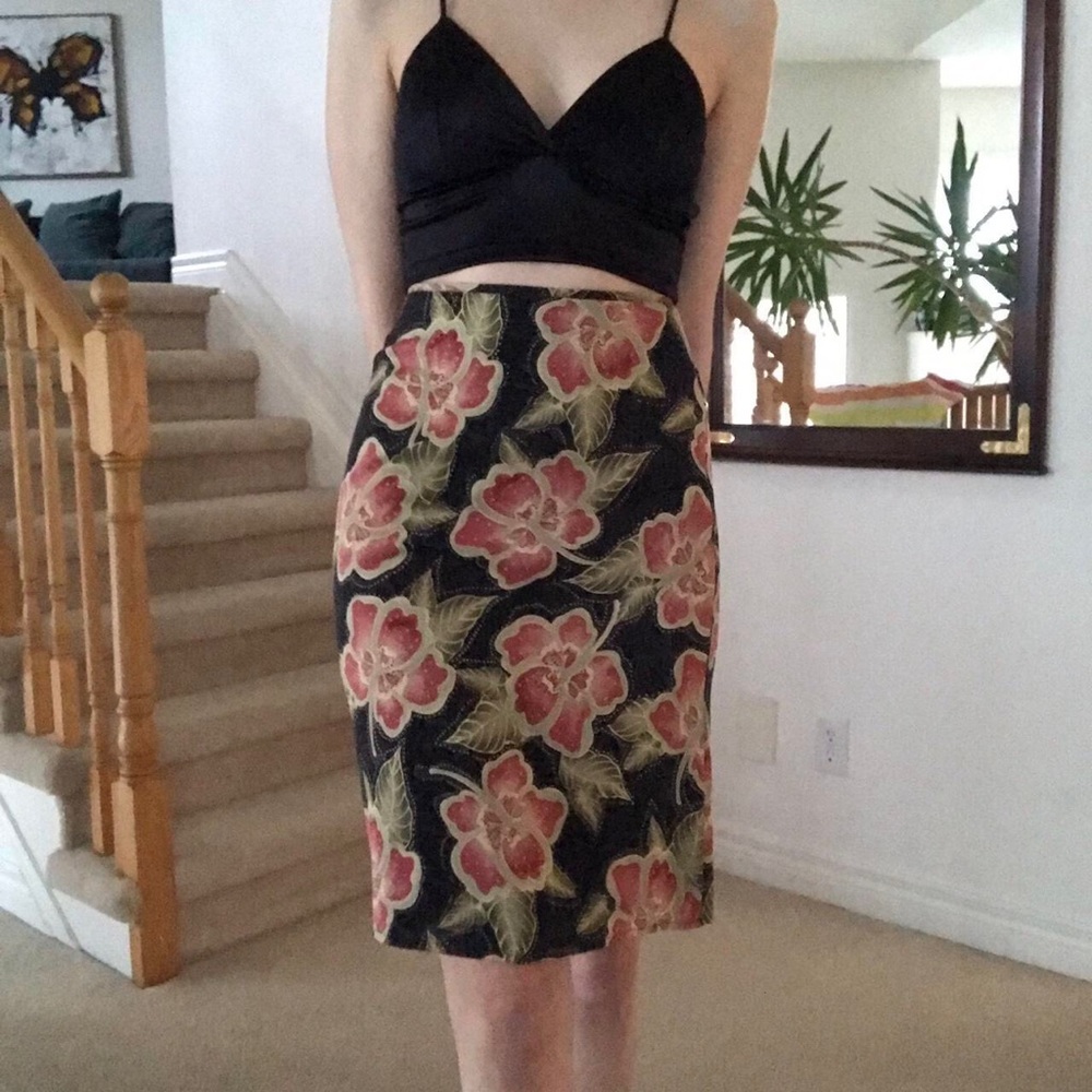 Silk Floral Hawaiian Hibiscus Vintage Midi Skirt